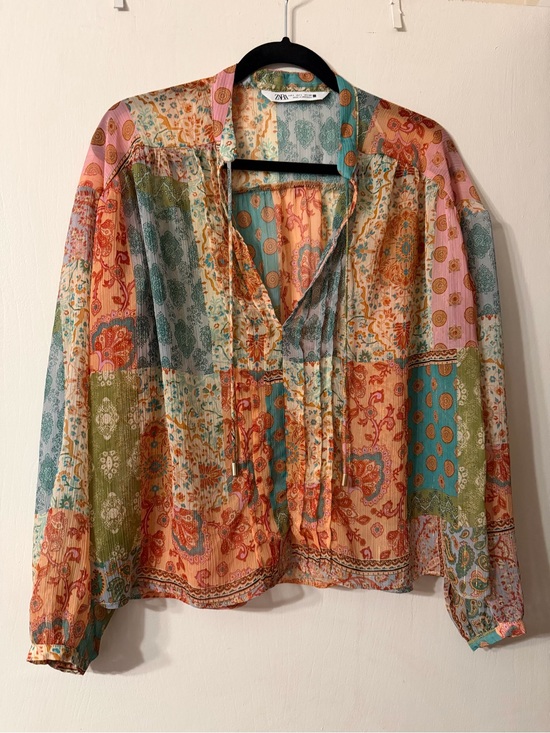 Zara Tops - ZARA Sheer Patchwork Women’s Multicolor Shimmer Boho Blouse Sz L
